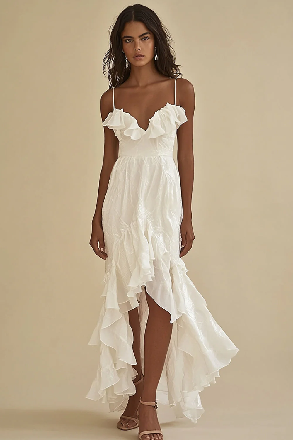 White Chiffon A Line High-Low Graduation Dress with Ruffles - JUORTHO
