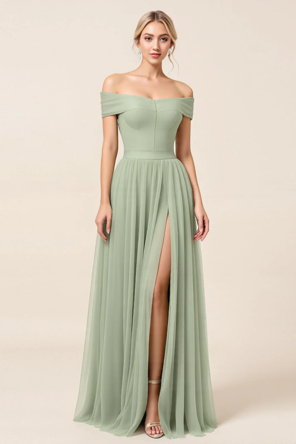 A Line Matcha Off the Shoulder Long Bridesmaid Dress with Slit - JUORTHO