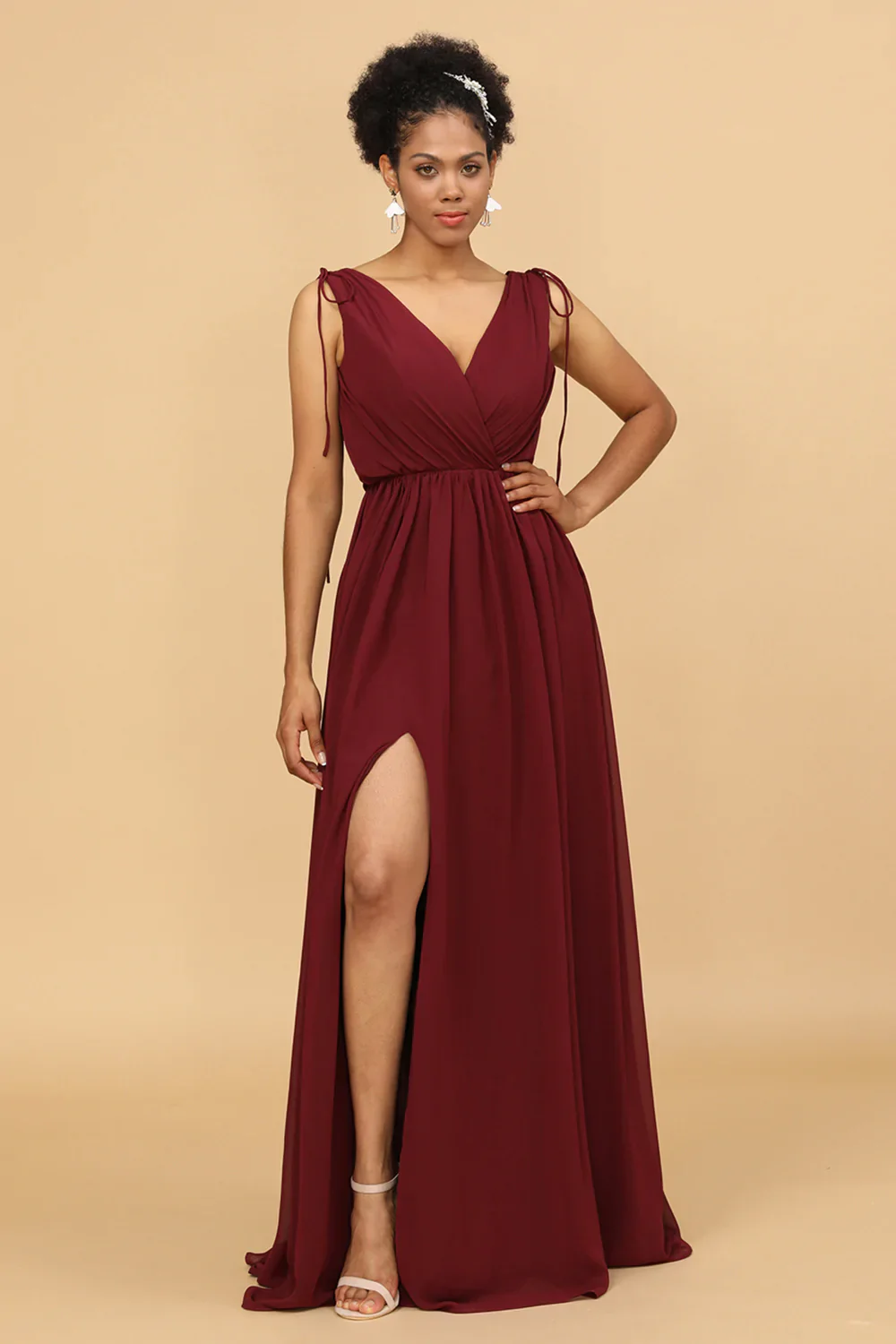 Burgundy V-Neck Lace Up Bridesmaid Dress With Slit - JUORTHO