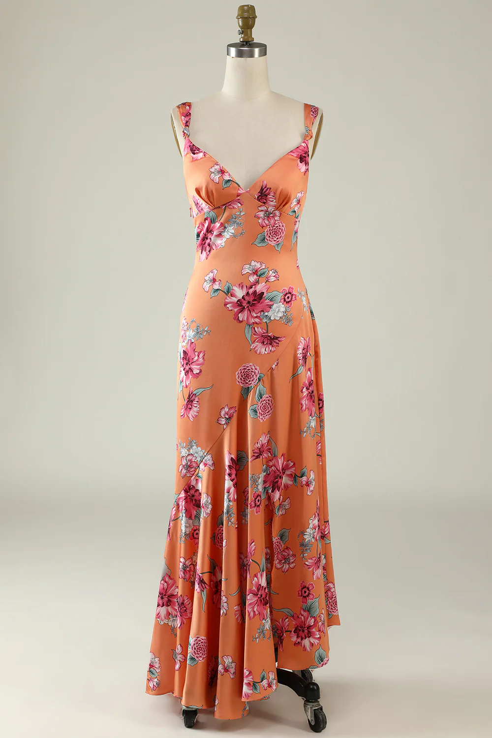 Orange Flower Printed Satin Bridesmaid Dress - JUORTHO