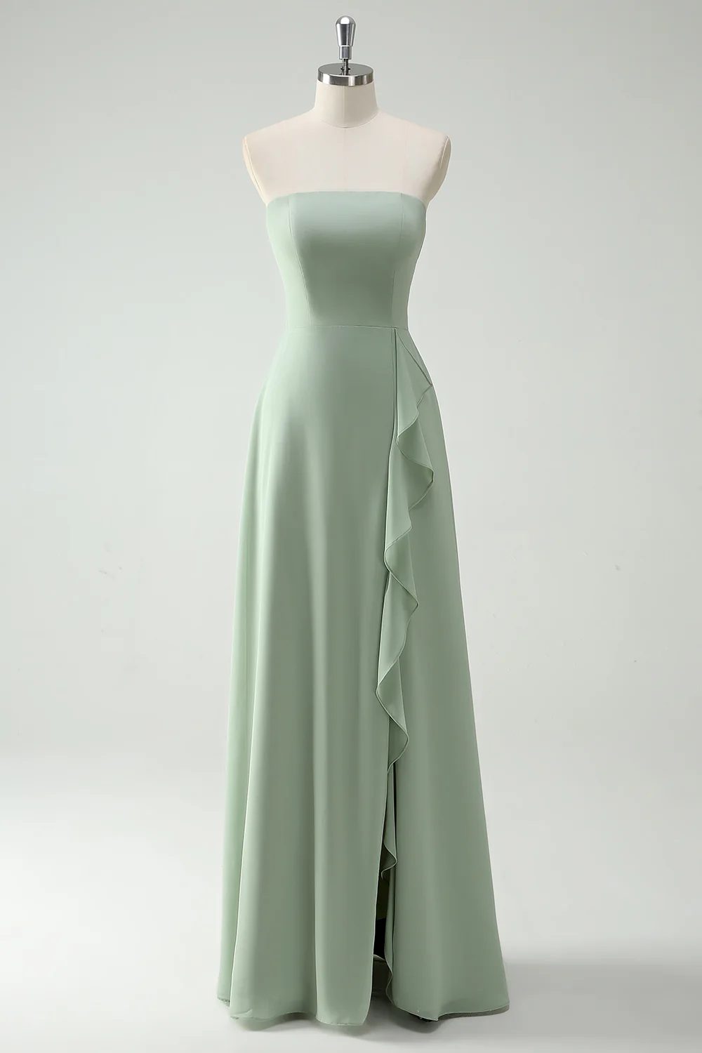 Dusty Sage Strapless A-Line Long Bridesmaid Dress With Slit - JUORTHO