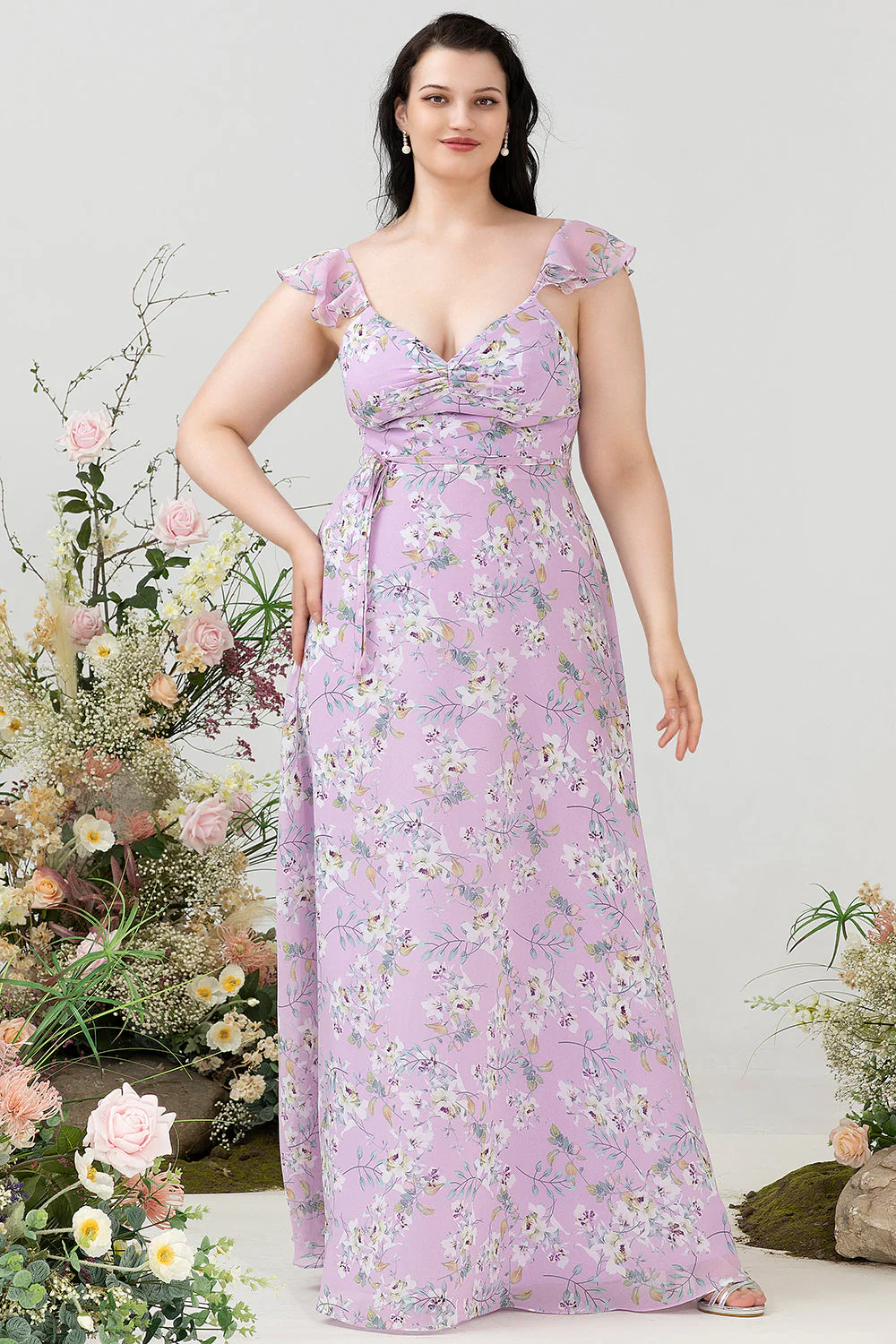 Purple Floral Print Plus Size Bridesmaid Dress - JUORTHO