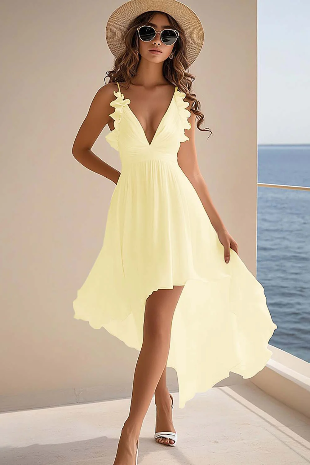 White Chiffon A Line Boho High Low Graduation Dress with Ruffles - JUORTHO