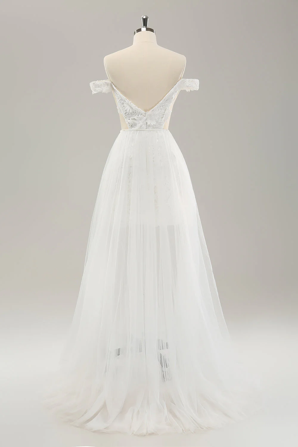 White Off the Shoulder Cut Out Wedding Dress with Detachable Tulle - JUORTHO