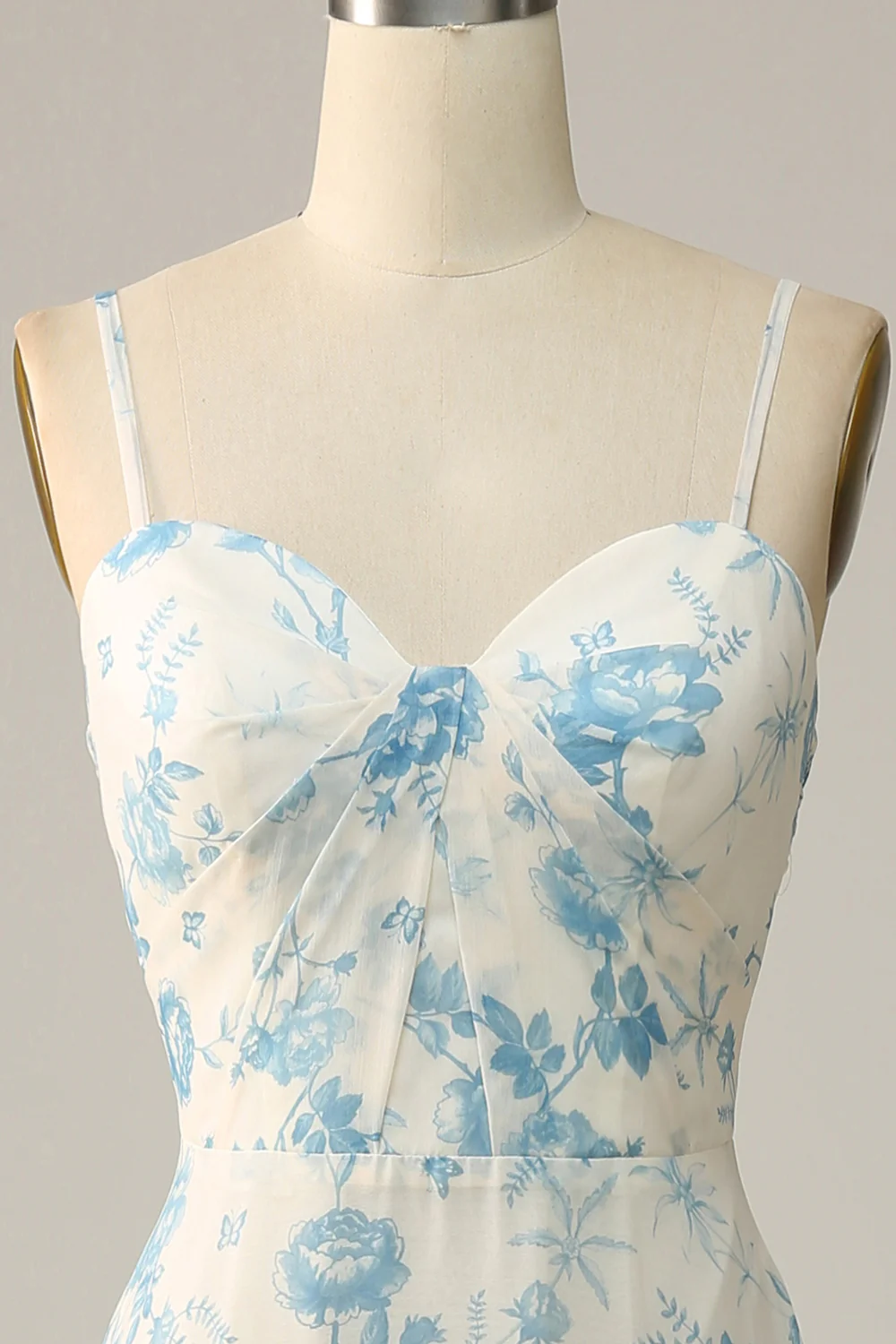 Spaghetti Straps Blue Floral Long Bridesmaid Dress - JUORTHO