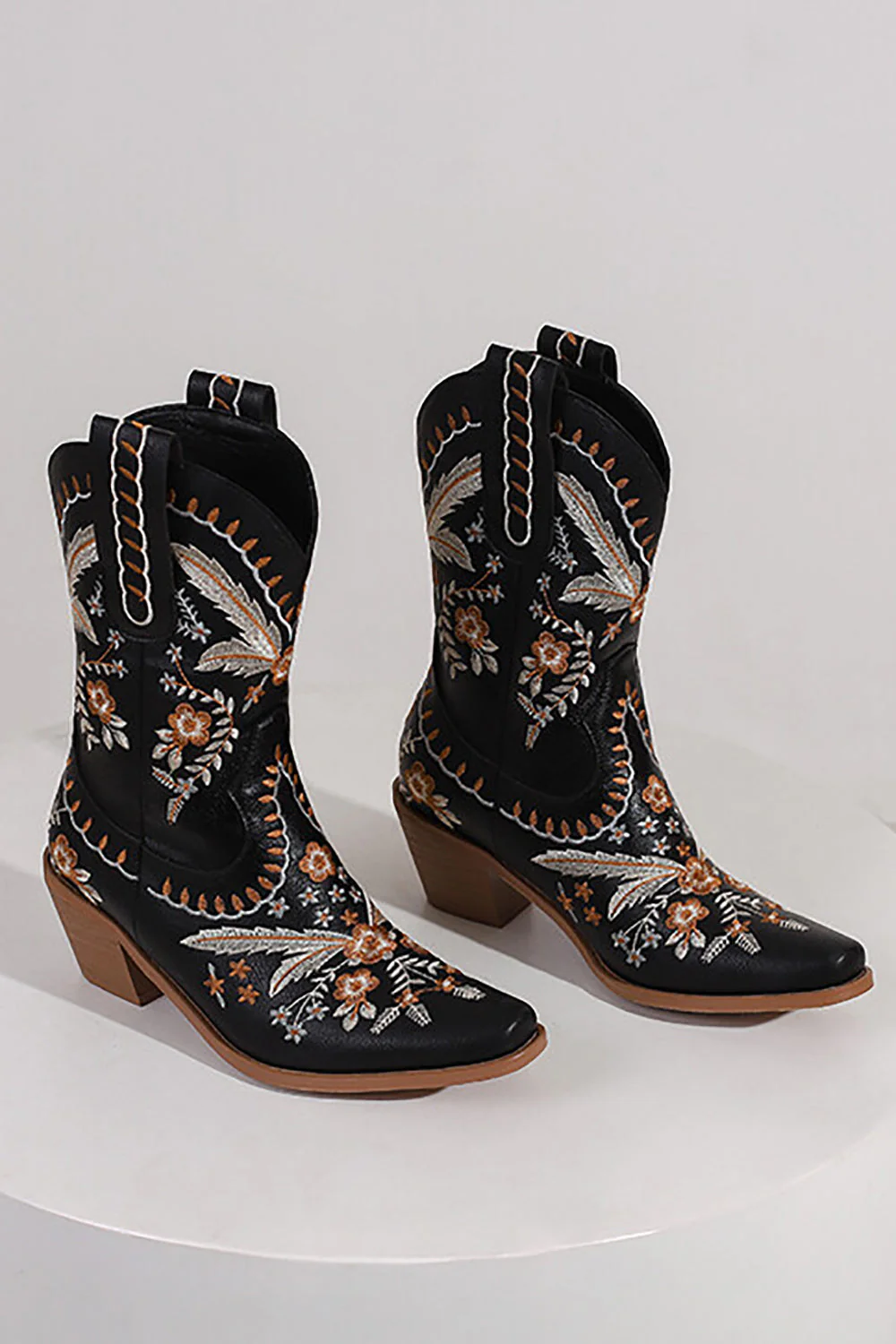 Black Embroidered Chuncky Heel Cowgirl Ankle Boots - JUORTHO