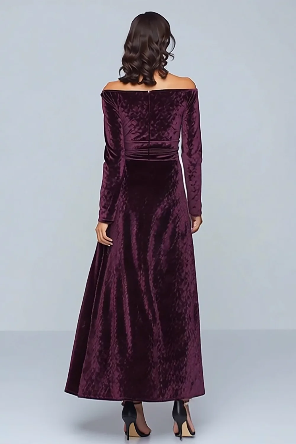 Plum Velvet A Line Long Holiday Party Dress with Sleeves - JUORTHO