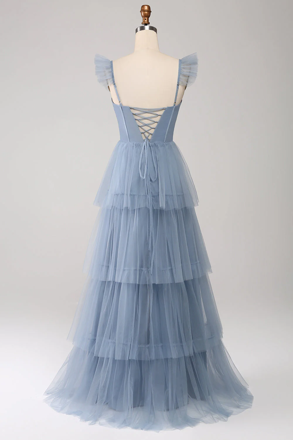 Dusty Blue A Line Tiered Tulle Corset Bridesmaid Dress with Slit - JUORTHO