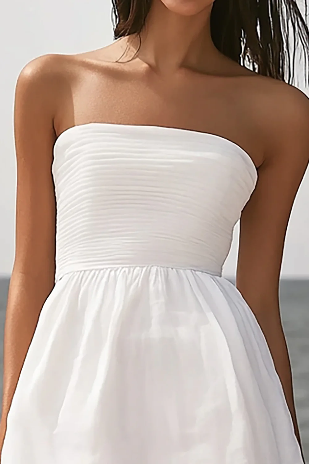 Ivory Strapless Beach Midi Engagement Dress with Ruffles - JUORTHO