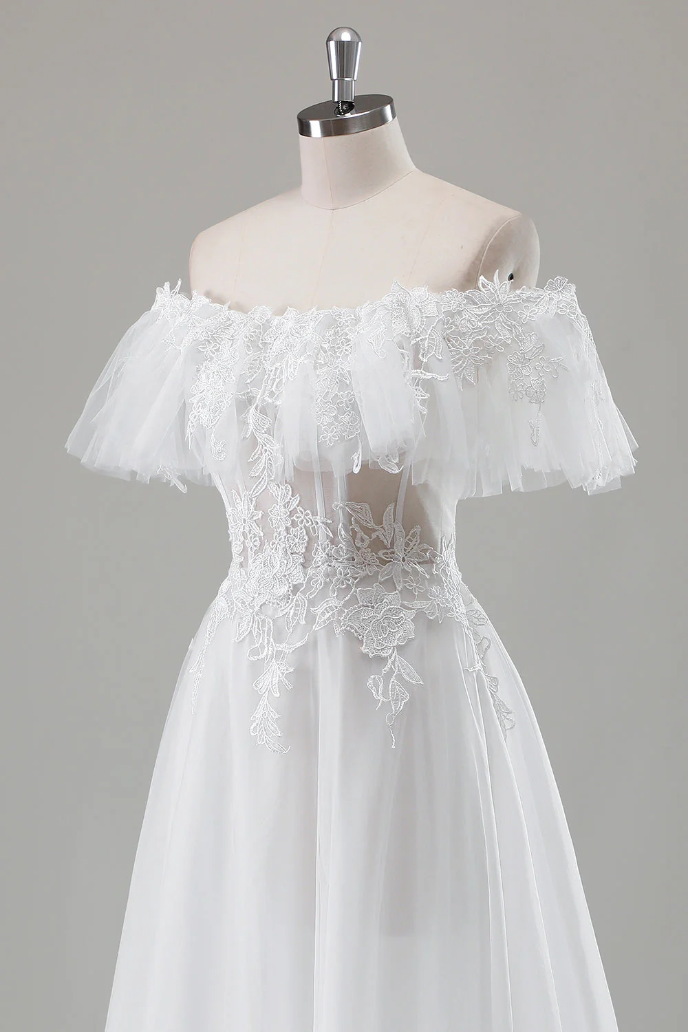 Ivory Off the Shoulder A-Line Wedding Dress with Appliqued Lace - JUORTHO