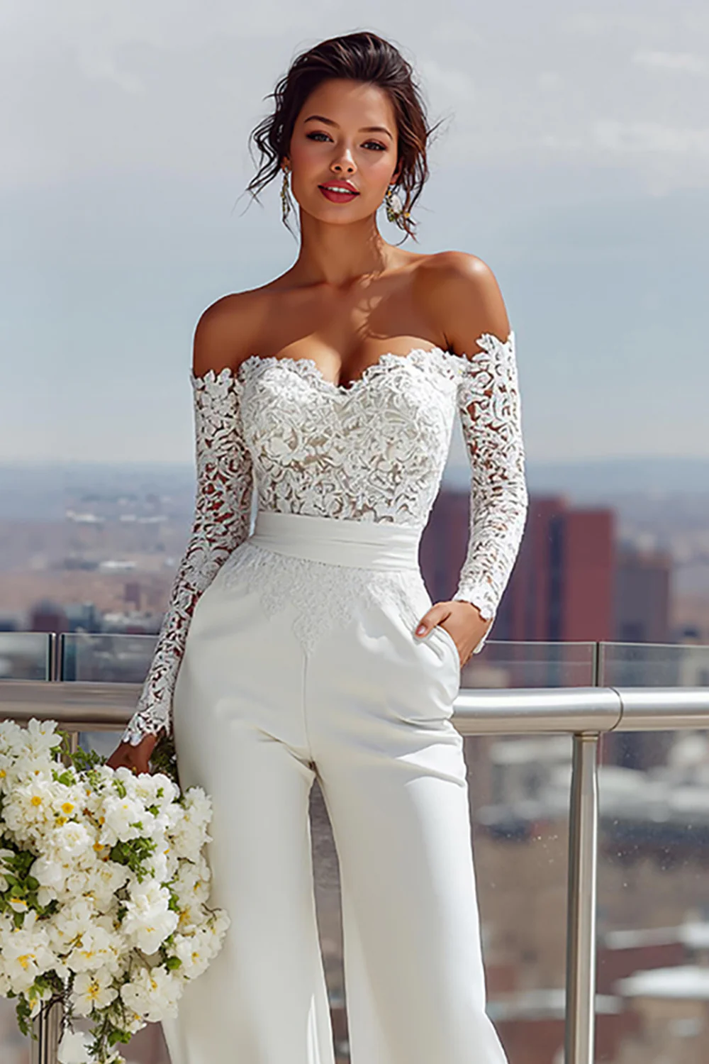 White Satin Sweetheart Bridal Jumpsuits with Lace - JUORTHO