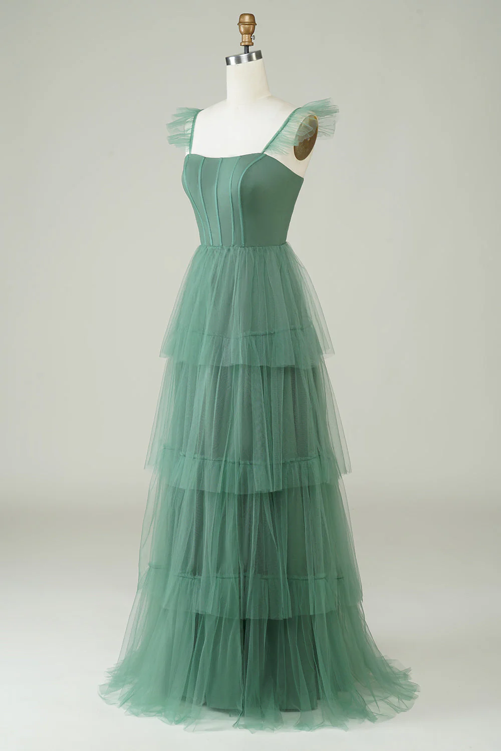 A Line Spaghetti Straps Long Tulle Eucalyptus Bridesmaid Dress - JUORTHO