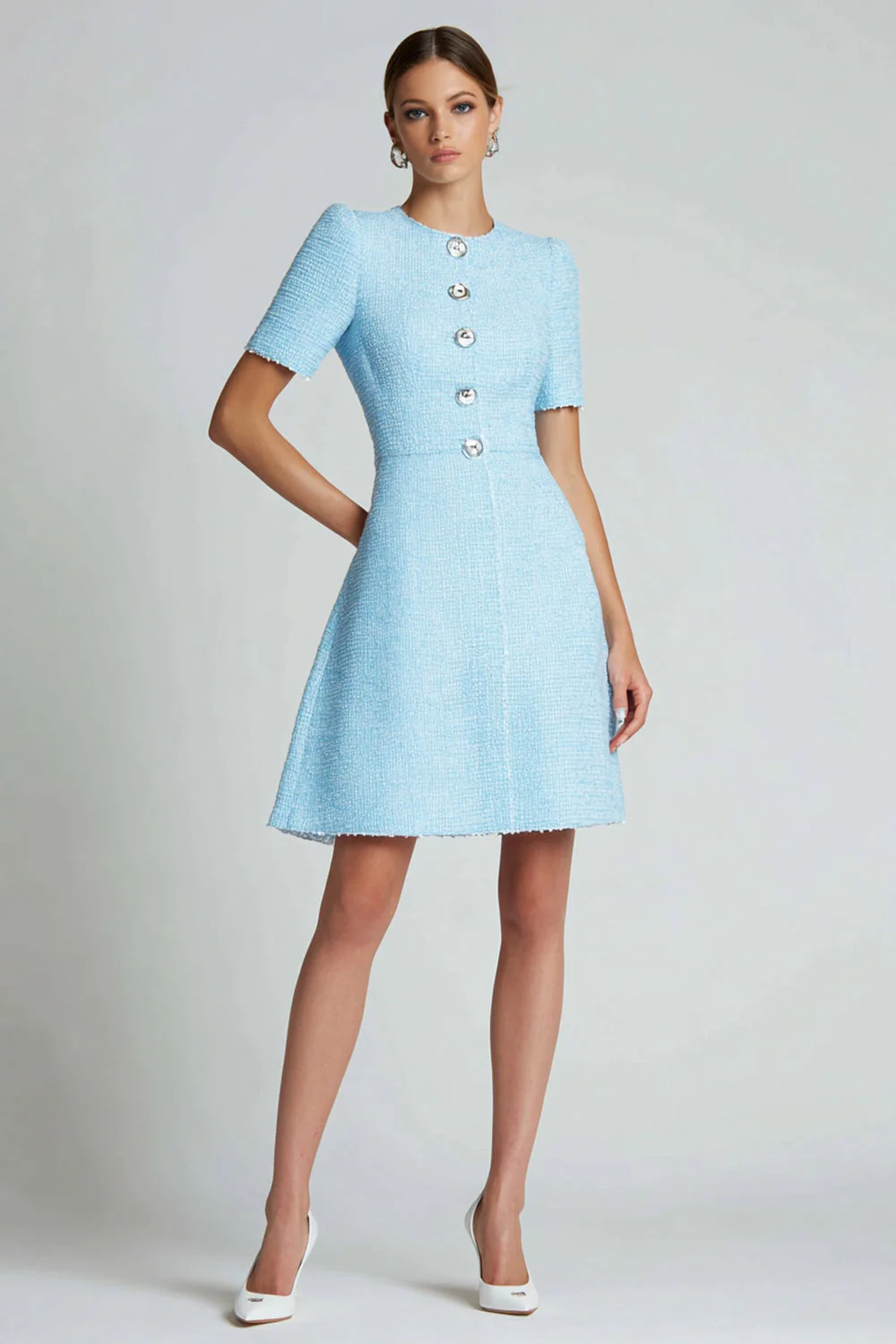 Tweed Blue A Line Buttons Short Sleeves Homecoming Dress - JUORTHO