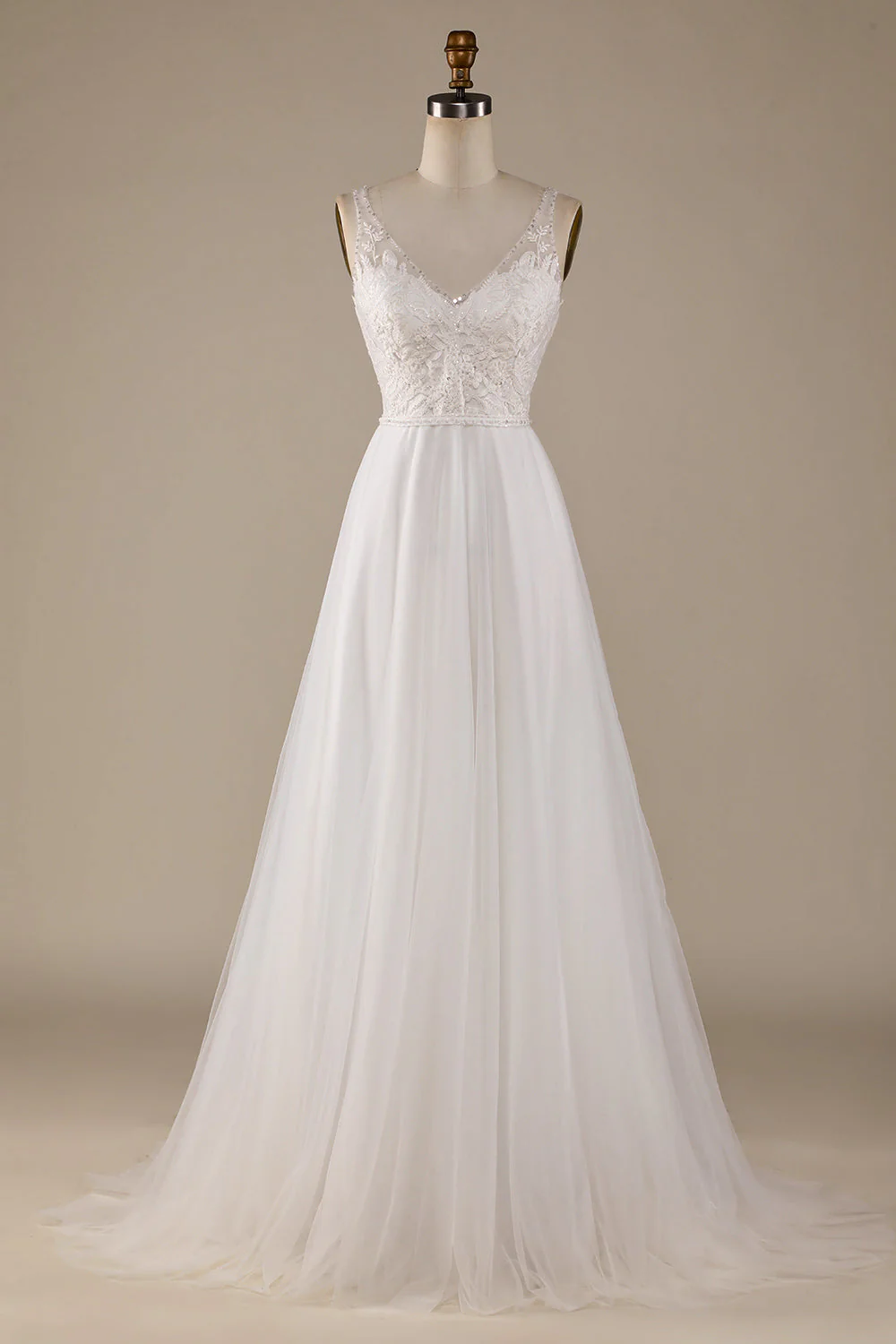 Ivory V-Neck Tulle Sweep Train Wedding Dress with Lace - JUORTHO