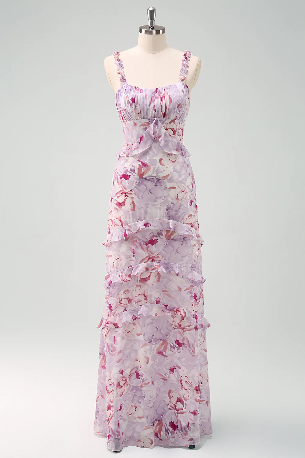 Grey Purple Sheath Chiffon Floral Bridesmaid Dress - JUORTHO