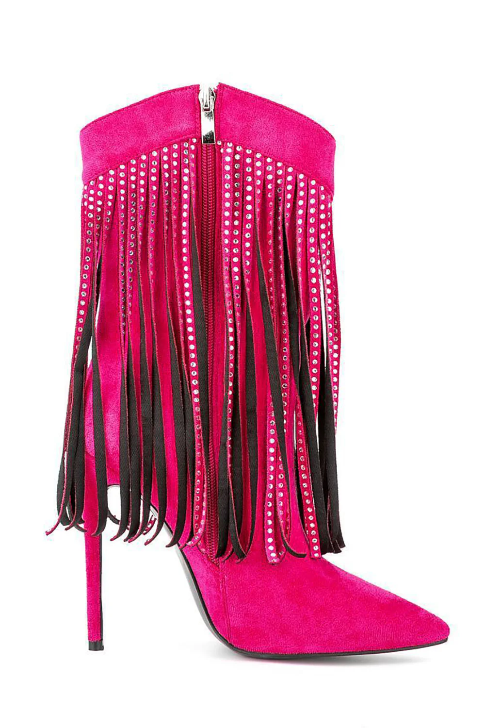 Black Suede Rhinestone Fringed Stiletto Heels Ankle Boots - JUORTHO
