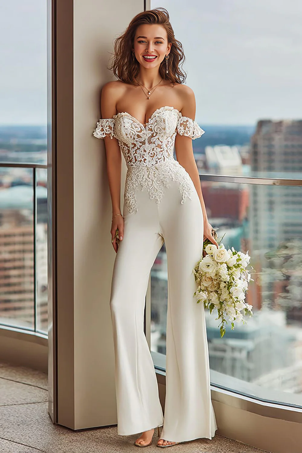 White Lace Off the Shoulder Bridal Jumpsuits - JUORTHO