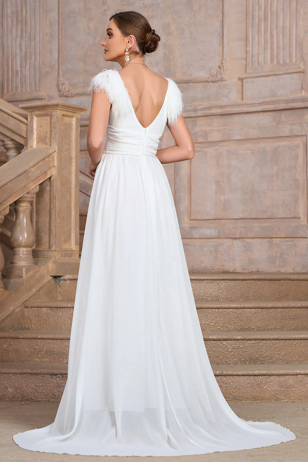 A Line White V Neck Long Party Dress With Slit - JUORTHO