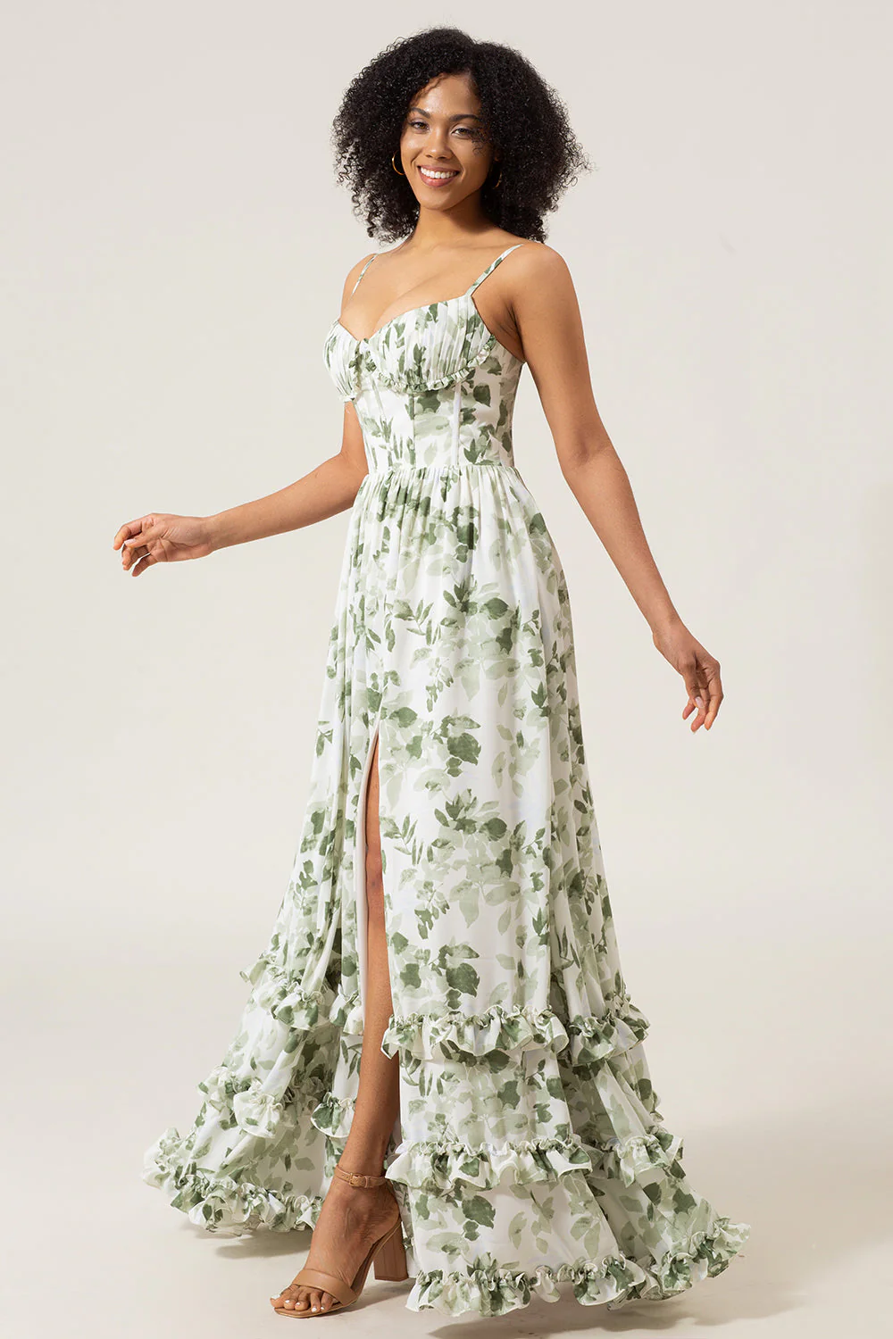 A-Line Spaghetti Straps Green Printed Long Prom Dress With Slit - JUORTHO