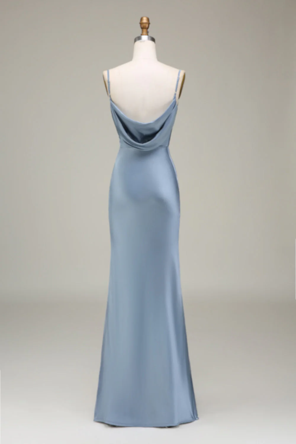 Dusty Blue Sheath Spaghetti Straps Satin Long Bridesmaid Dress - JUORTHO