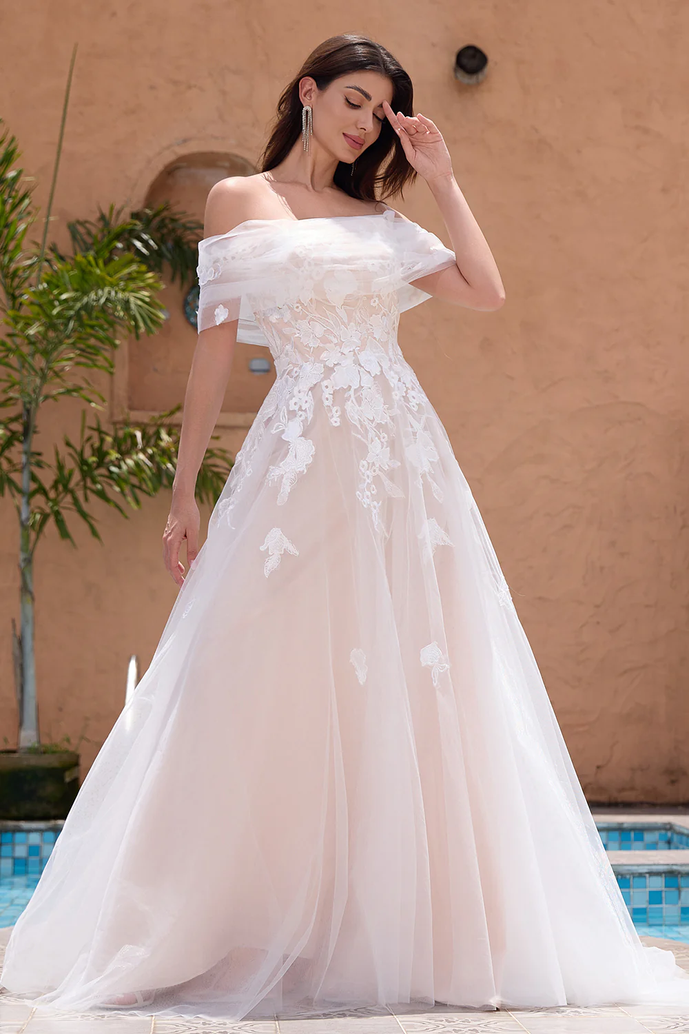 White Off the Shoulder A Line Tulle Bridal Dress with Embroidery - JUORTHO