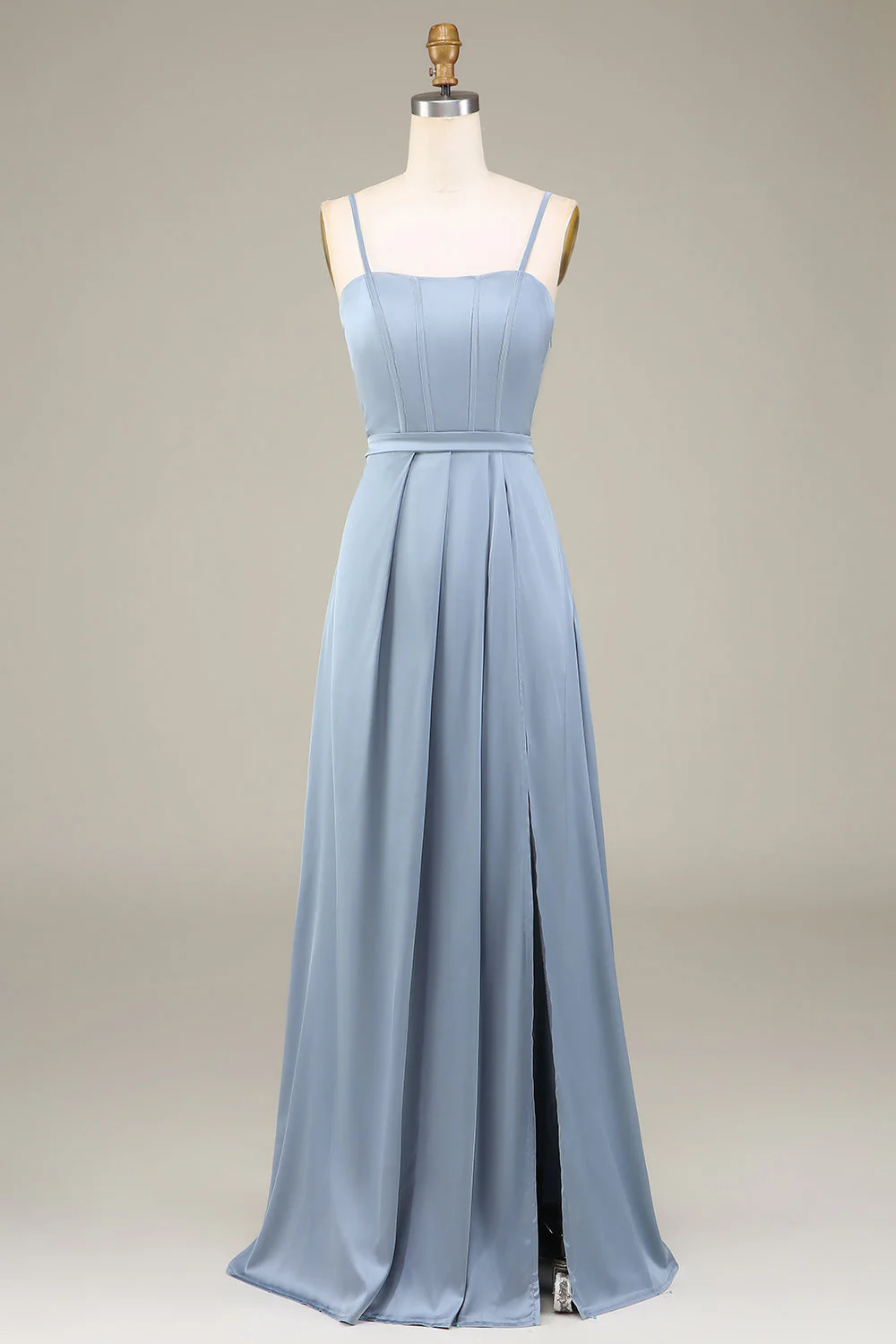 Dusty Blue A-Line Spaghetti Straps Satin Long Bridesmaid Dress - JUORTHO
