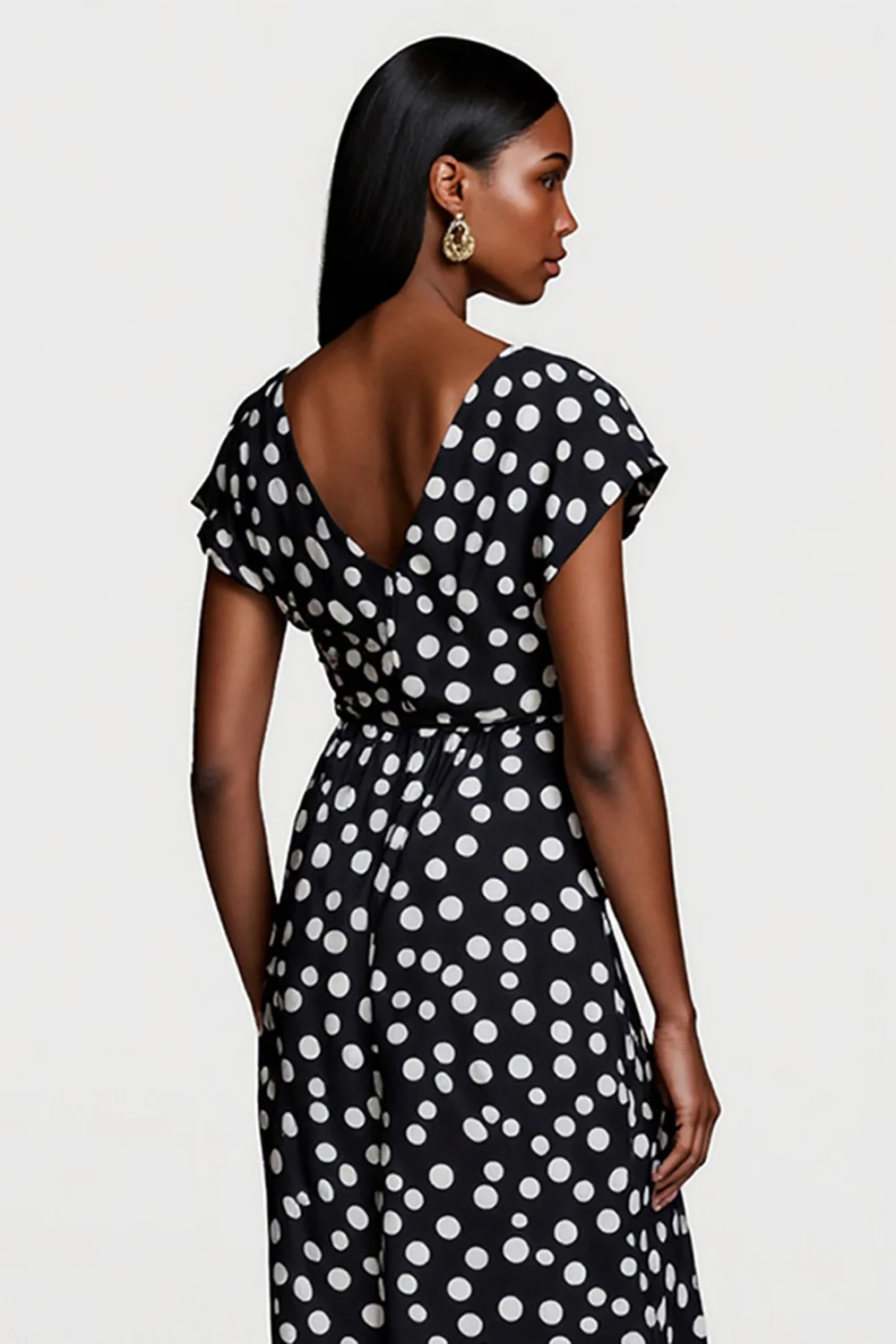 Black and White Polka Dots V-Neck Short Sleeves Maxi Work Dress - JUORTHO