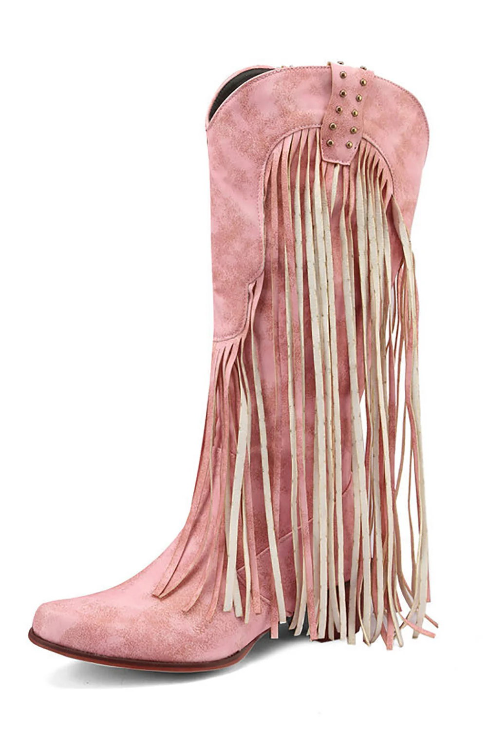 Blue Pointed Toe Wood Grain Thick Heel Boots with Tassel - JUORTHO