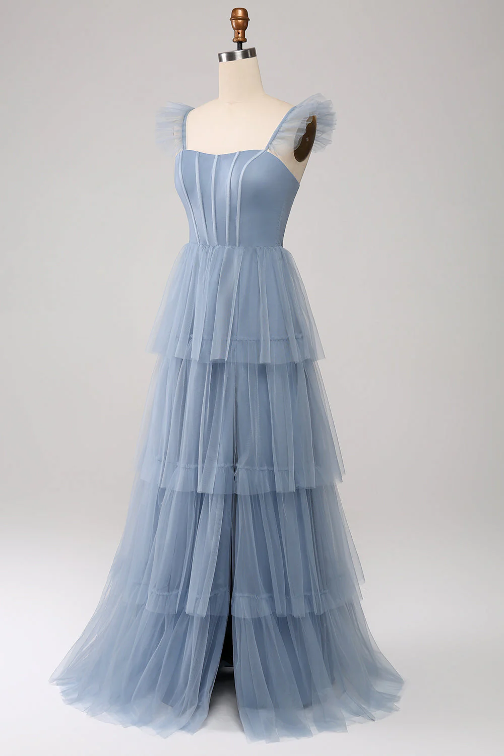 Dusty Blue A Line Tiered Tulle Corset Bridesmaid Dress with Slit - JUORTHO