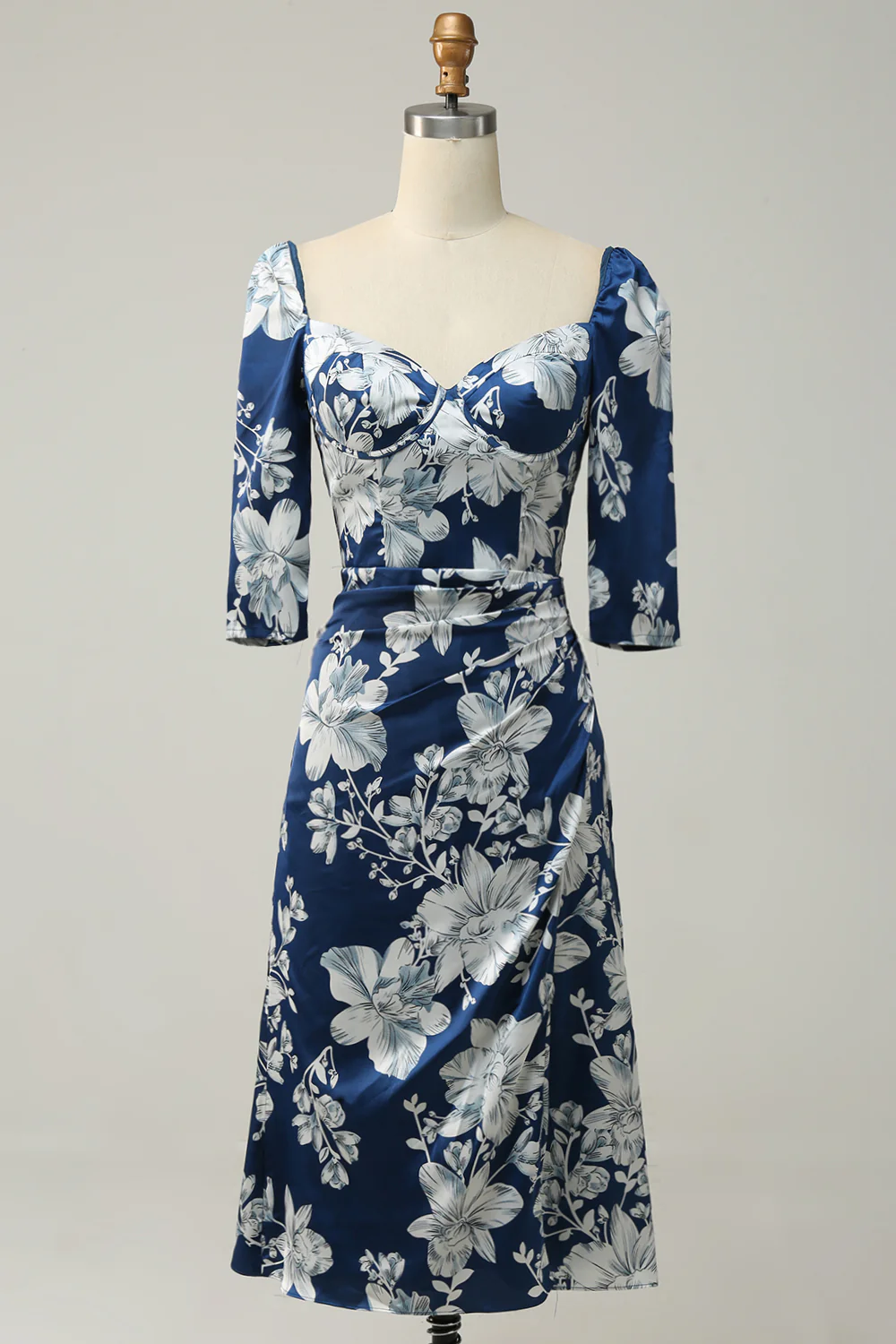 Long Sleeve Ink Blue Floral Bridesmaid Dress - JUORTHO