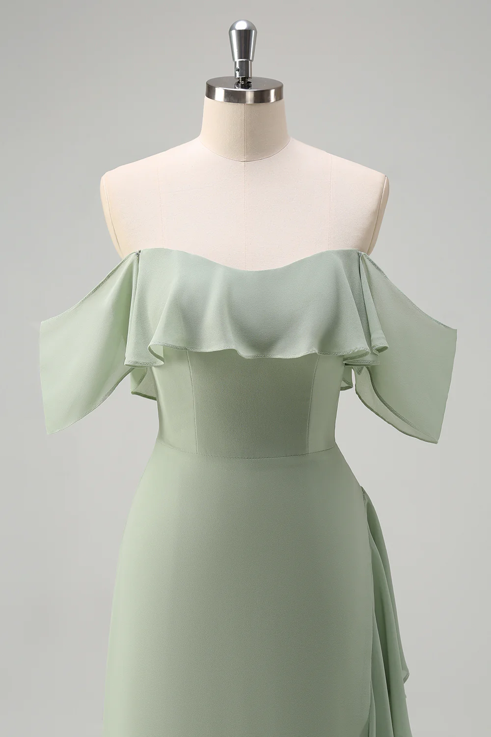 Light Green Off The Shoulder Chiffon Long Bridesmaid Dress - JUORTHO