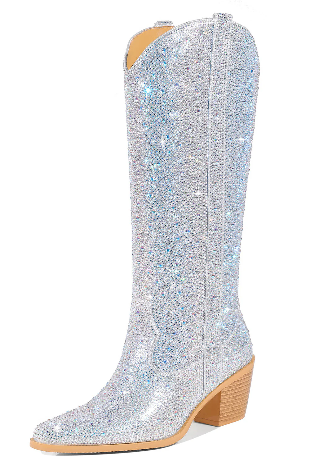 Silver Knee-High Shiny Pointed Toe Chunky Heel Boots - JUORTHO