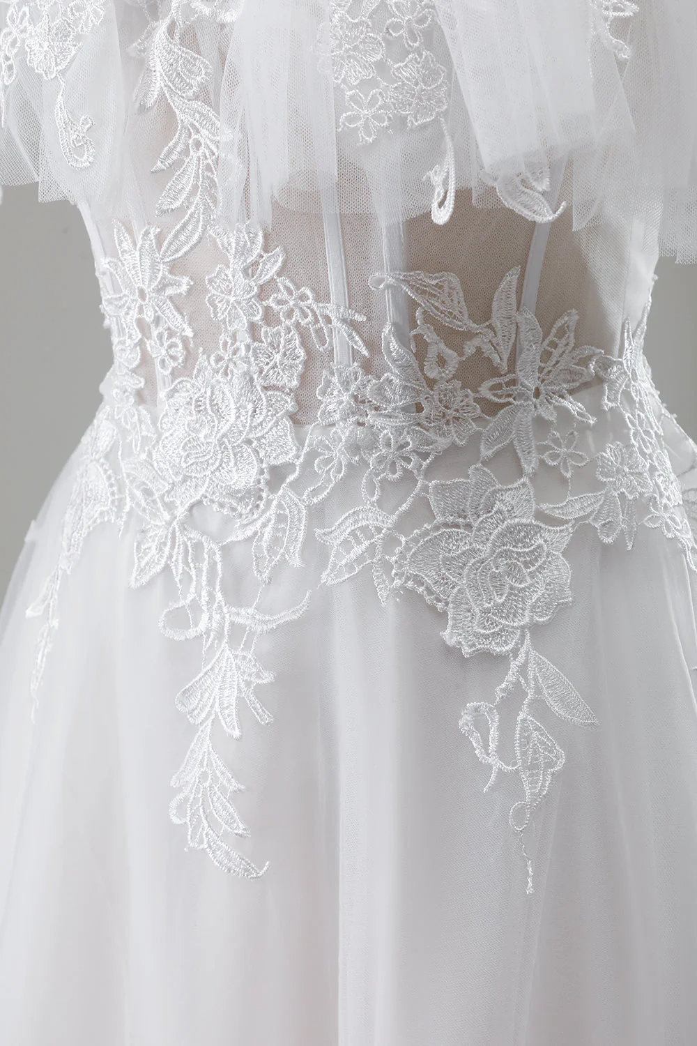 Ivory Off the Shoulder A-Line Wedding Dress with Appliqued Lace - JUORTHO