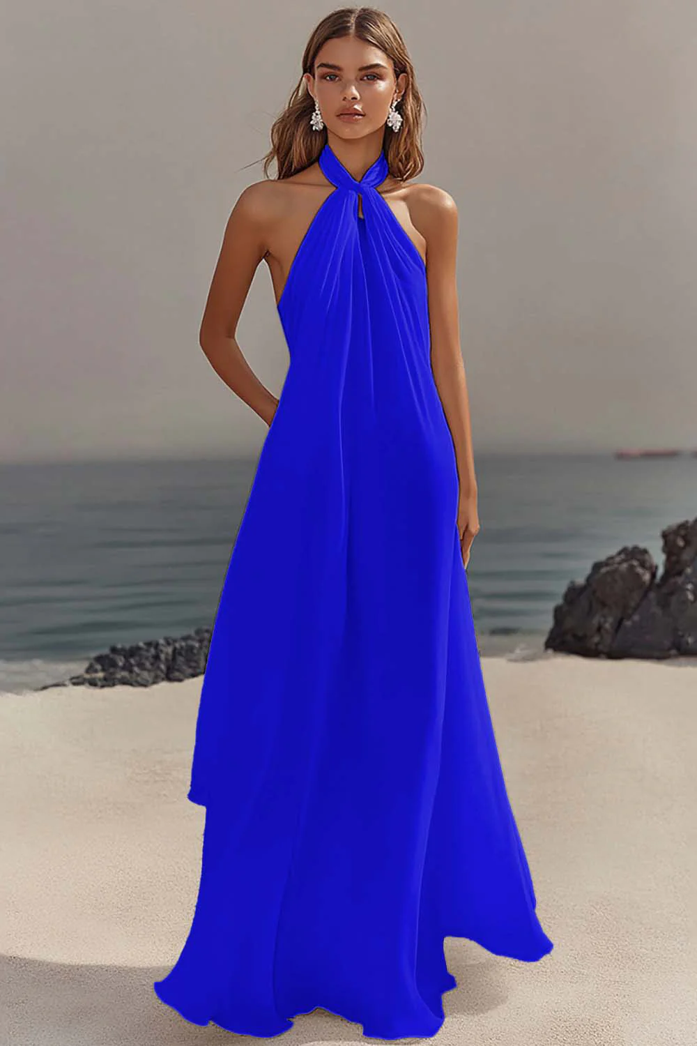 Chiffon White A Line Halter Long Rehearsal Dinner Dress - JUORTHO