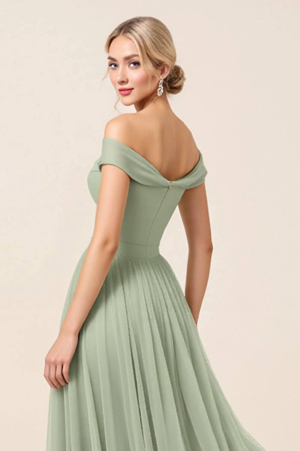 A Line Matcha Off the Shoulder Long Bridesmaid Dress with Slit - JUORTHO