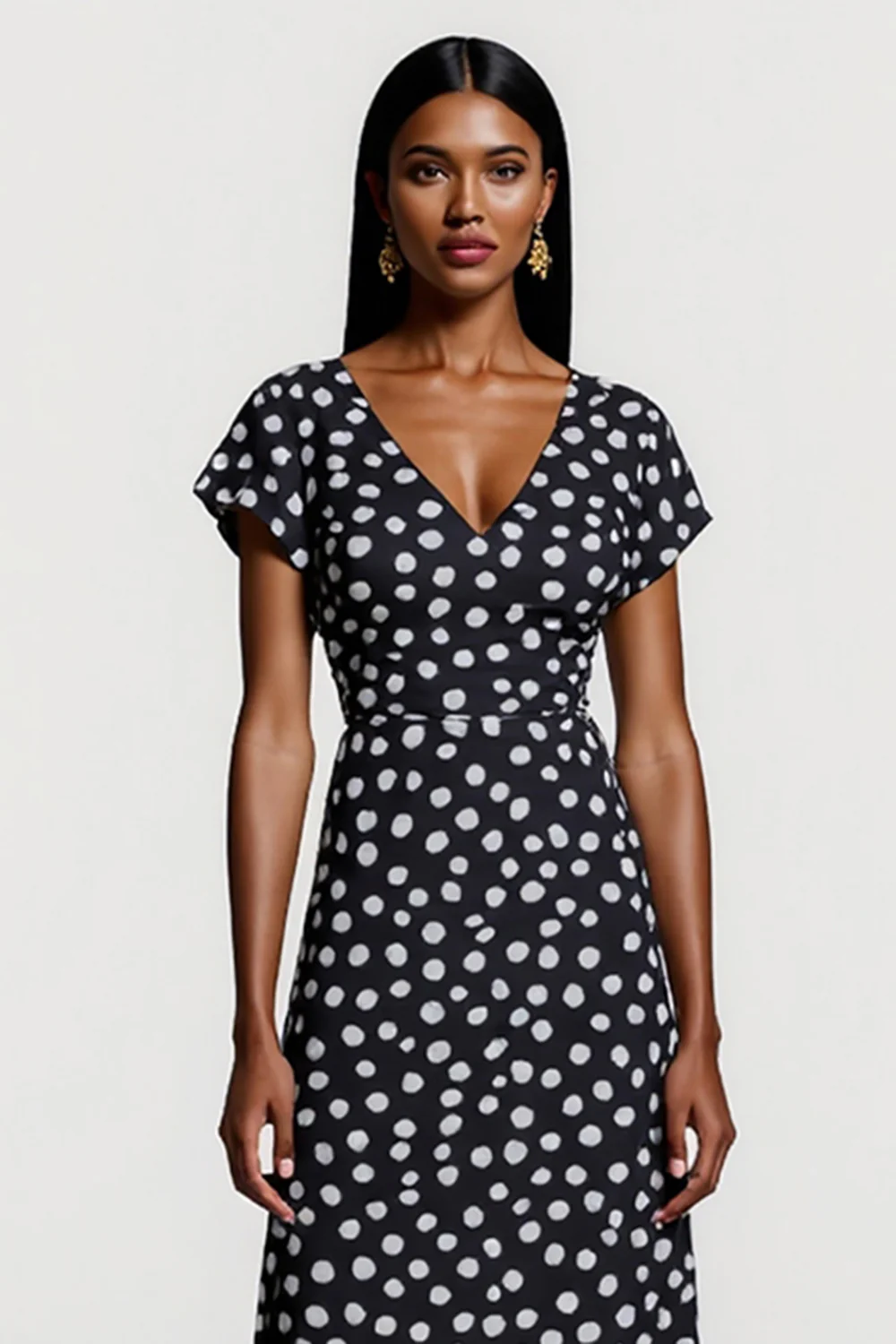 Black and White Polka Dots V-Neck Short Sleeves Maxi Work Dress - JUORTHO