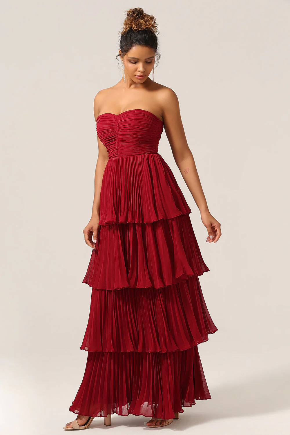 Charming A Line Strapless Burgudy Long Bridesmaid Dress with Ruffles - JUORTHO
