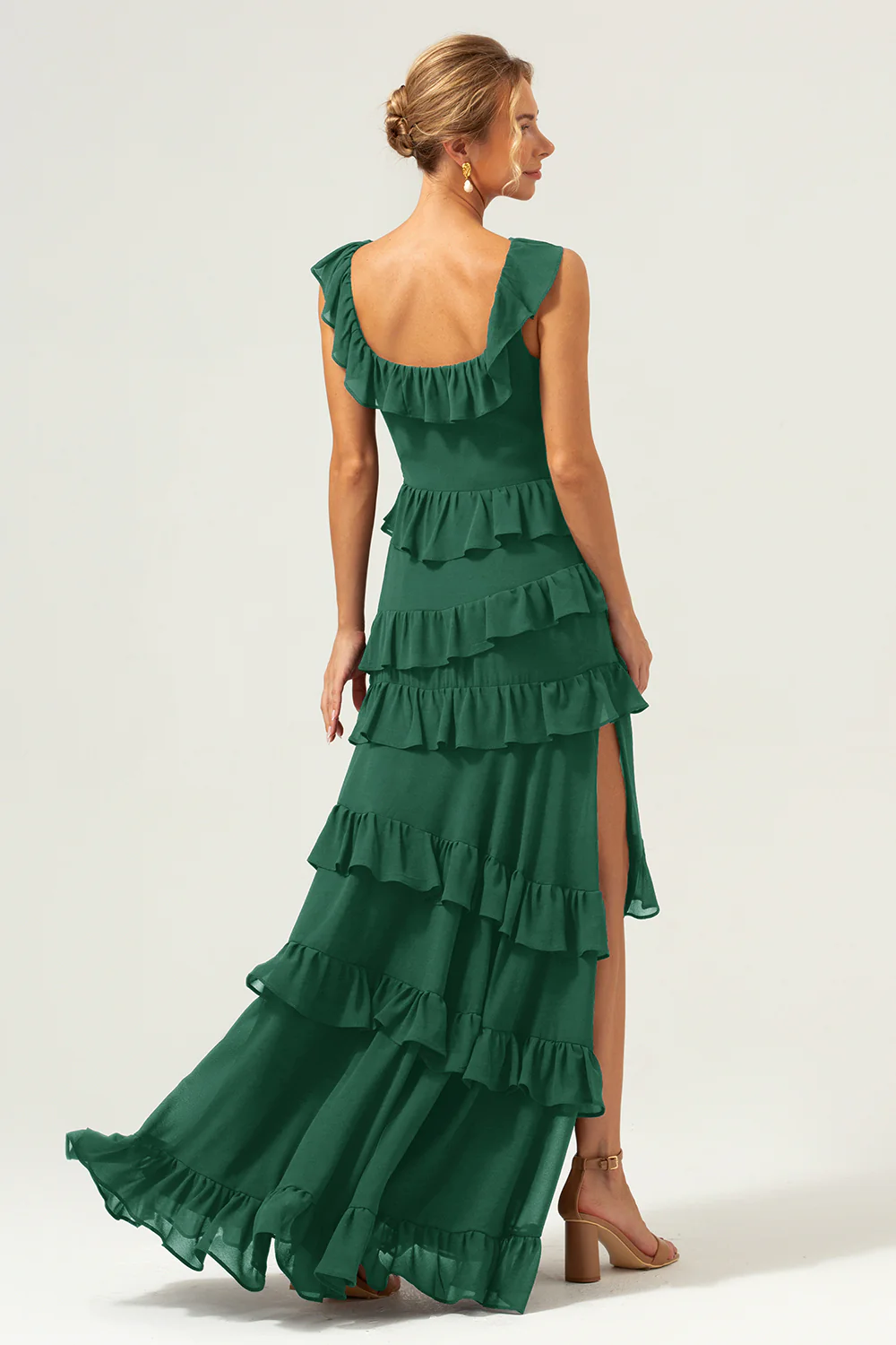 Dark Navy A-Line Tiered Chiffon Long Bridesmaid Dress - JUORTHO