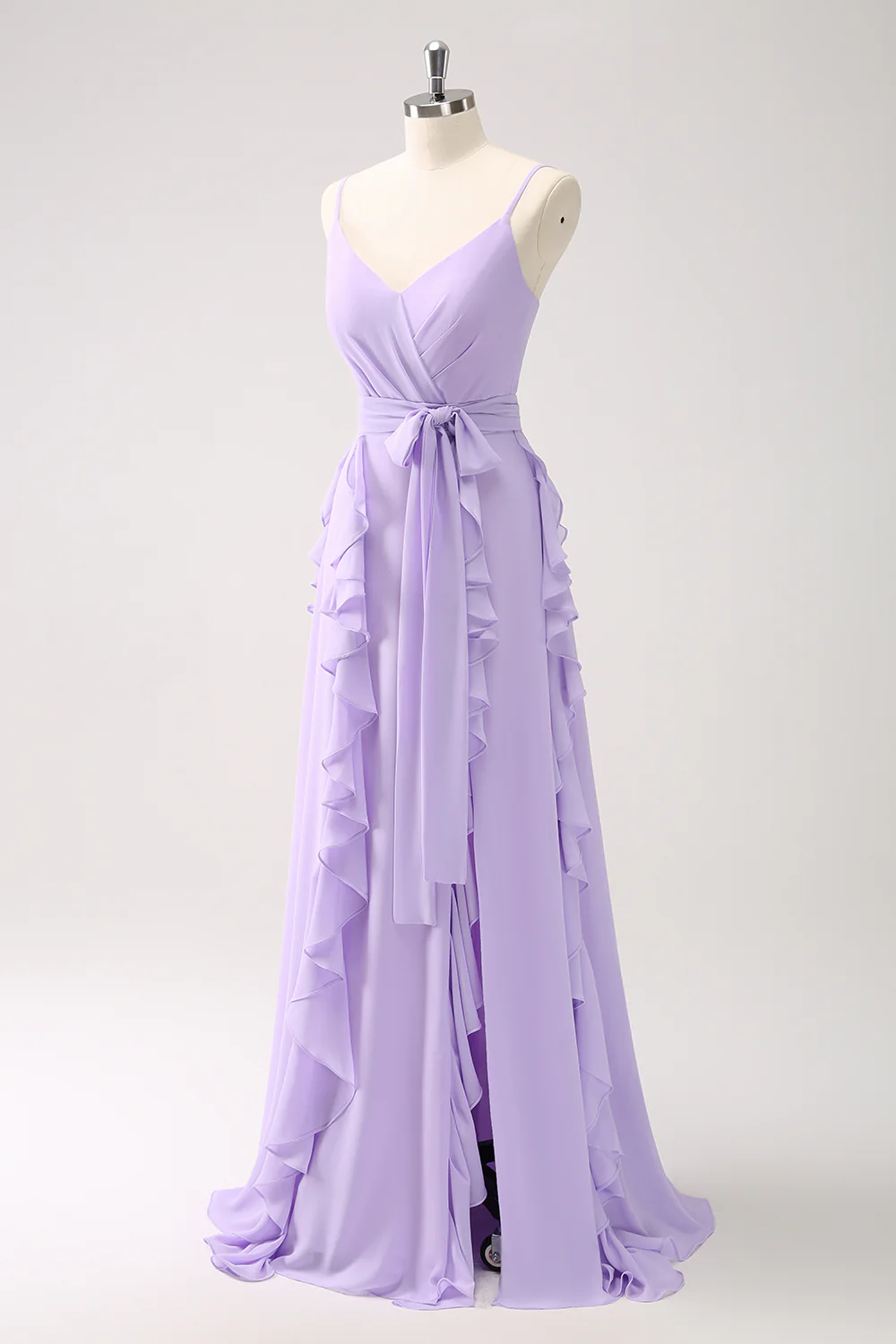 Lilac Chiffon Spaghetti Straps Long Bridesmaid Dress With Slit - JUORTHO
