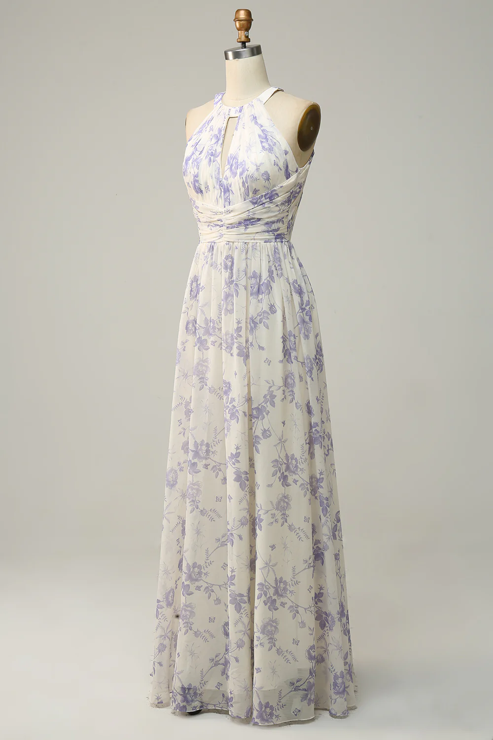 Halter Neck A line Floral Long Bridesmaid Dress - JUORTHO