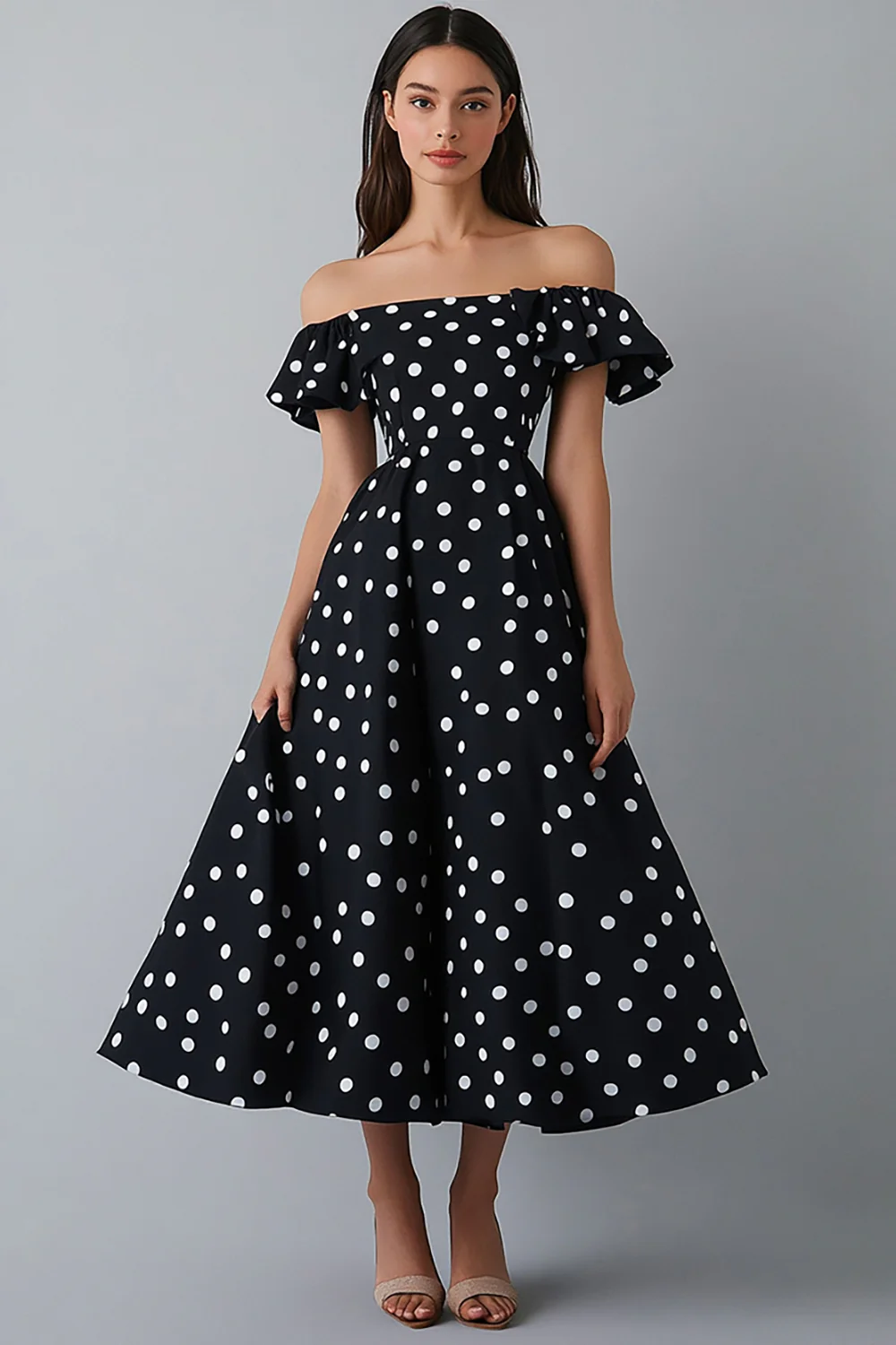 Off the Shoulder Black and White Maxi Satin A Line Polka Dot Dress - JUORTHO