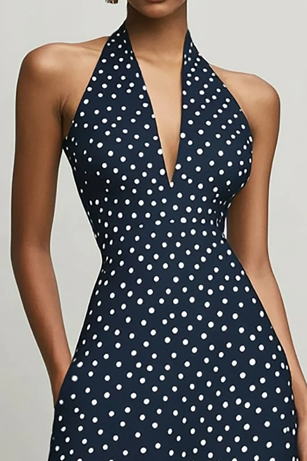 Navy and White Chiffon Halter A Line Boho Maxi Polka Dot Dress with Slit - JUORTHO