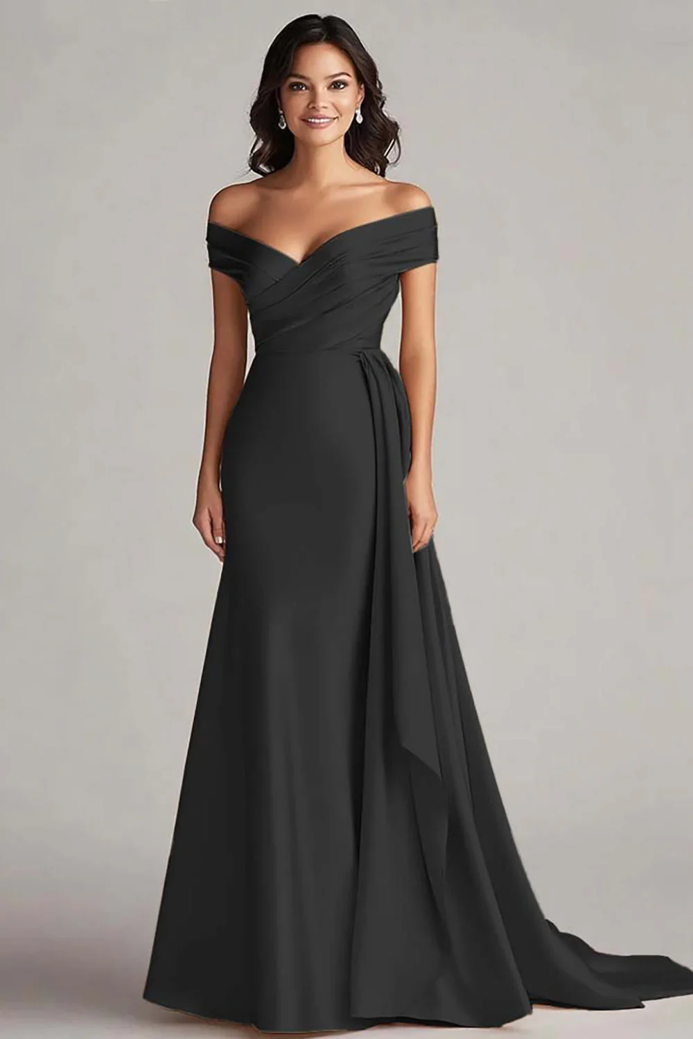 Champagne Satin Off the Shoulder Mermaid Long Formal Dress - JUORTHO