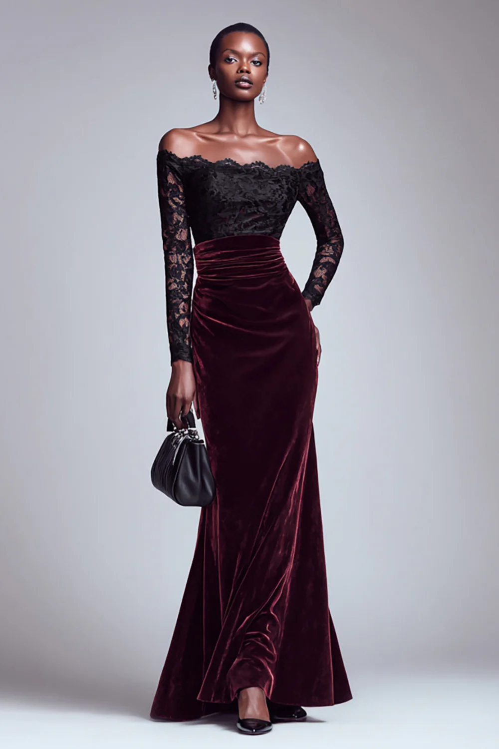 Black and Burgundy Velvet Long Sleeves Holiday Party Dress with Lace - JUORTHO