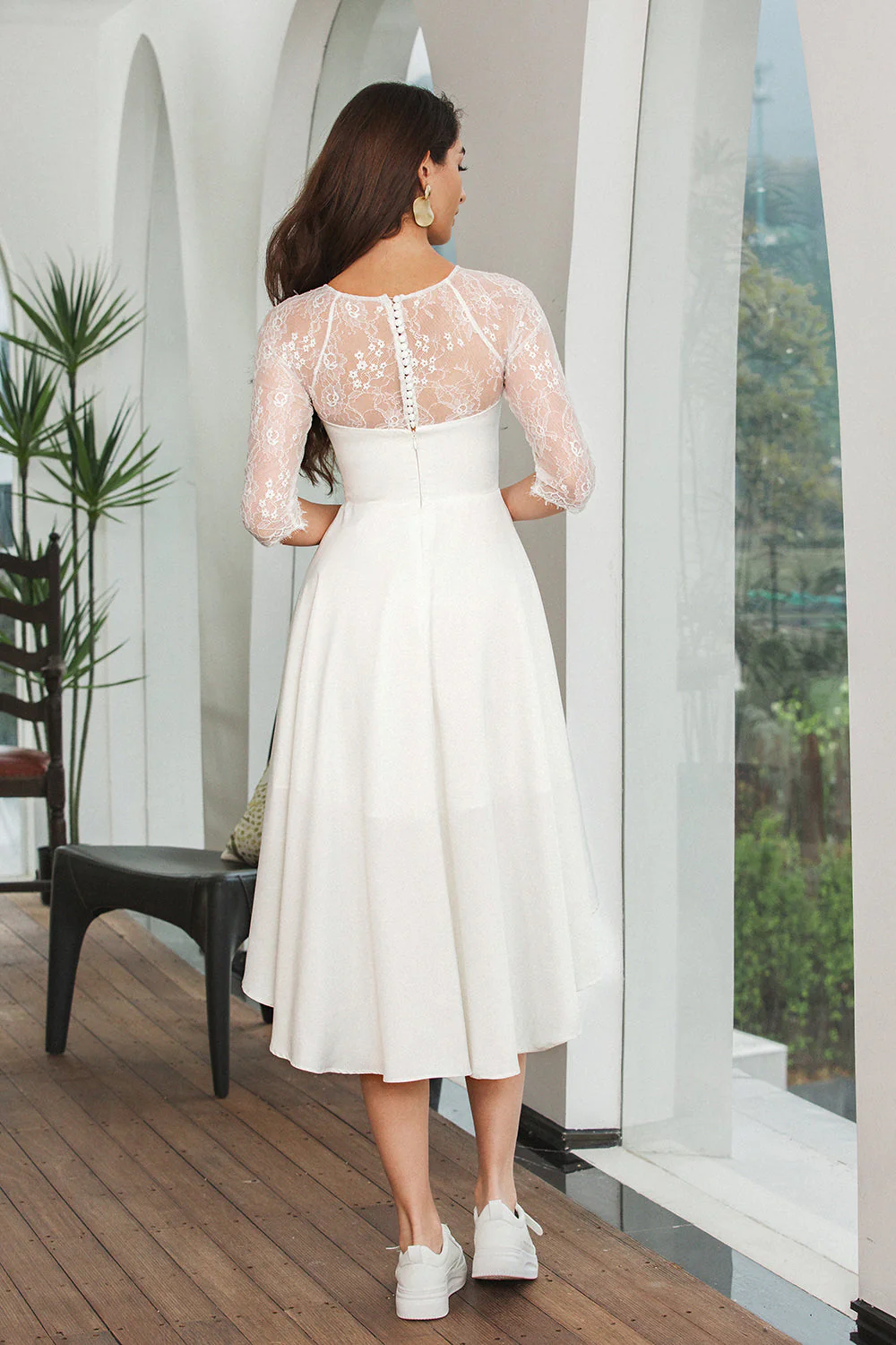 Simple White Lace Sleeves High Low Graduation Dress - JUORTHO