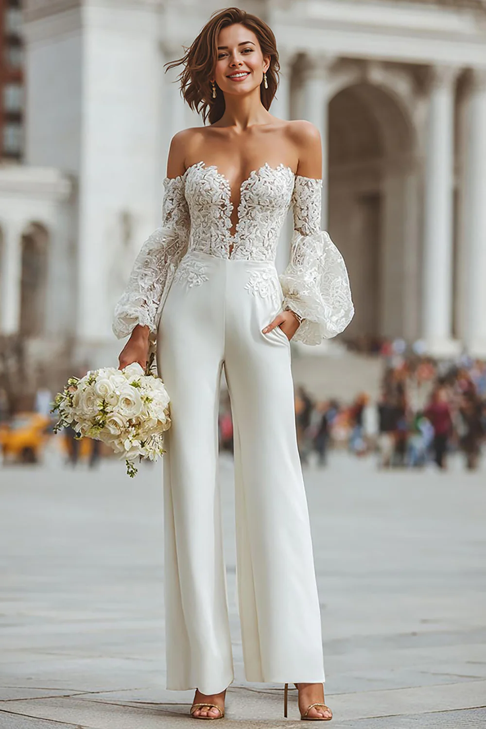 White Appliqued Long Sleeves Bridal Jumpsuits with Pockets - JUORTHO