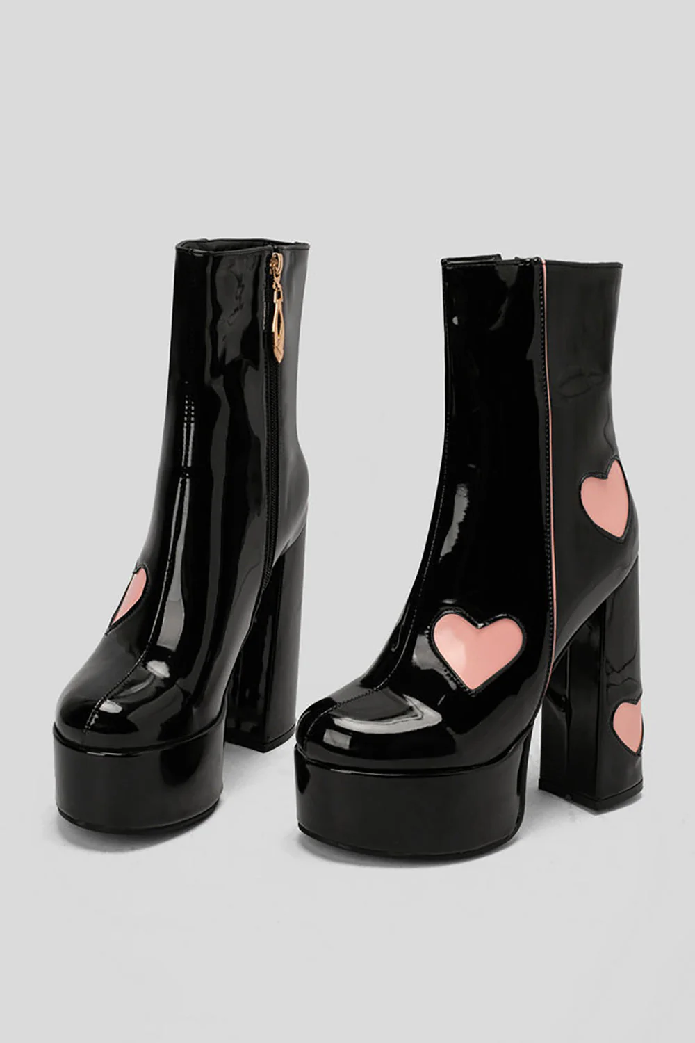 Black PU Leather Platform Chunky Block High Heel Boots with Pink Hearts - JUORTHO
