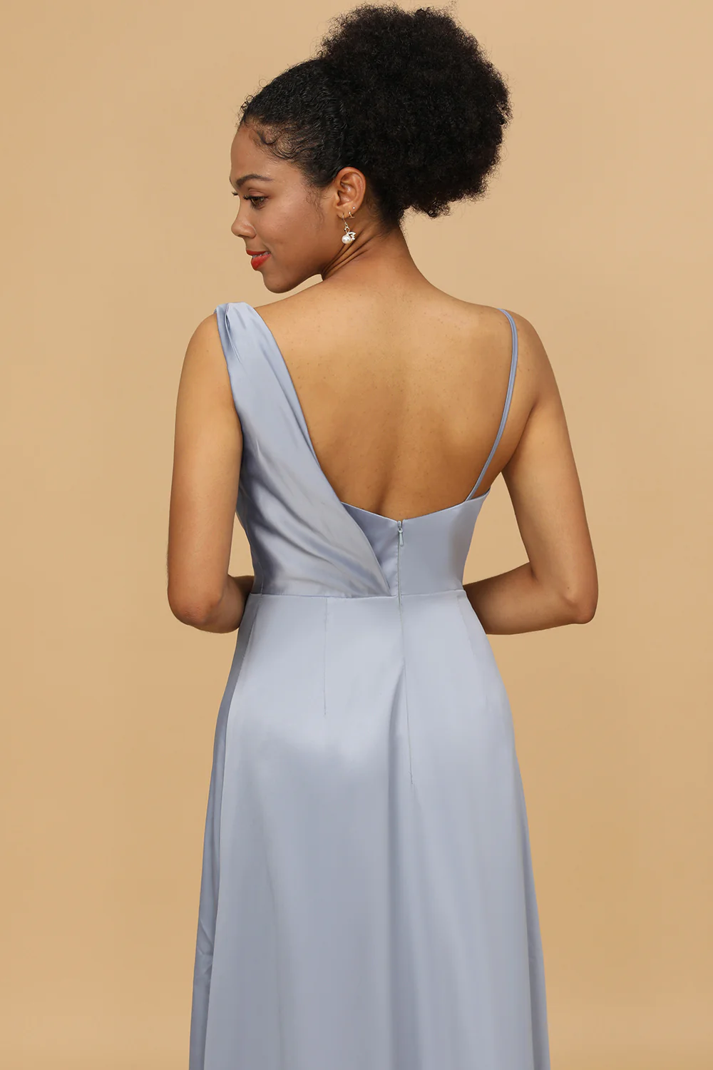 Grey Blue Cowl Neck Floor-Length Satin Bridesmaid Dress - JUORTHO