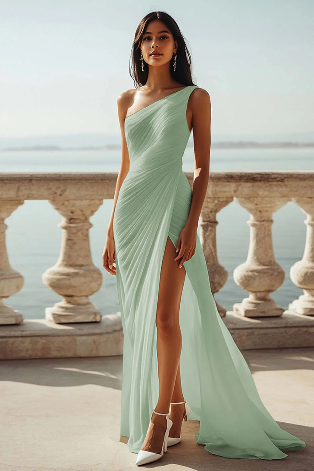 Sky Blue One Shoulder Beach Maxi Formal Dress with Slit - JUORTHO