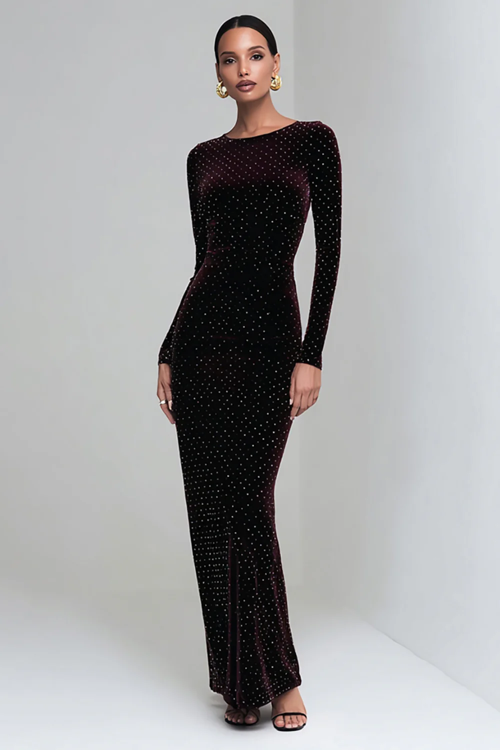 Coffee Velvet Mermaid Long Holiday Party Dress with Sleeves - JUORTHO